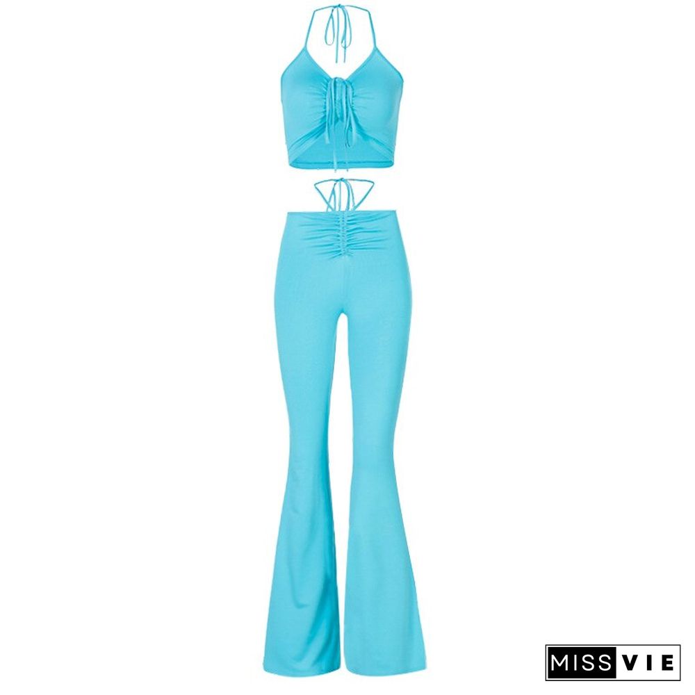 Y2K Streetwear Sexy Bandage Blue Co-ord Suits Fashion Drawstring Halter Top And High Waist Flare Pants 2 Piece Set