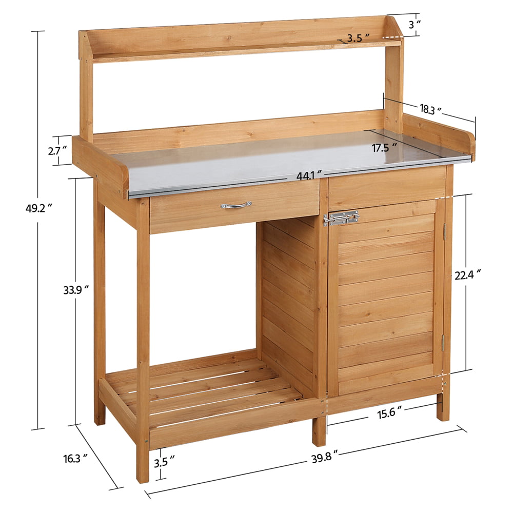 Yaheetech Outdoor Garden Potting Bench Table Work Bench Metal Tabletop W/Cabinet, Natural Wood