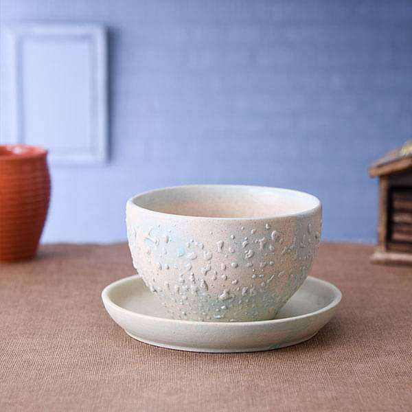 4.4 inch (11 cm) CP014 Embossed Bowl Round Ceramic Pot with Plate (Aqua Blue)