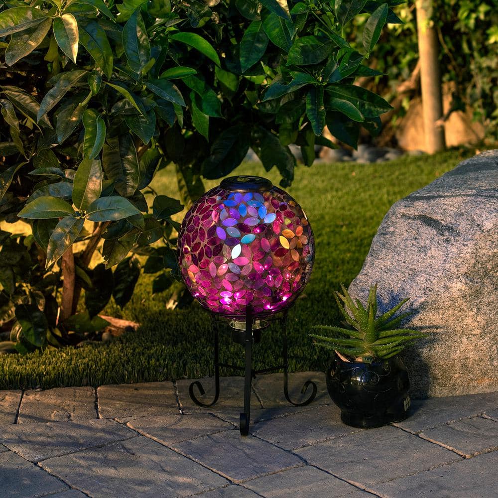 Alpine Corporation Outdoor Solar Powered Glass Mosaic Gazing Globe with Metal Stand Yard Decoration, Purple GRS122A-SLR