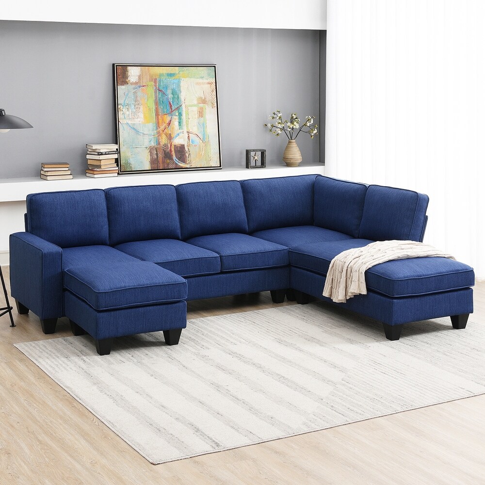 7 Seat Sectional Sofa Linen Fabric Couch Set with Ottoman