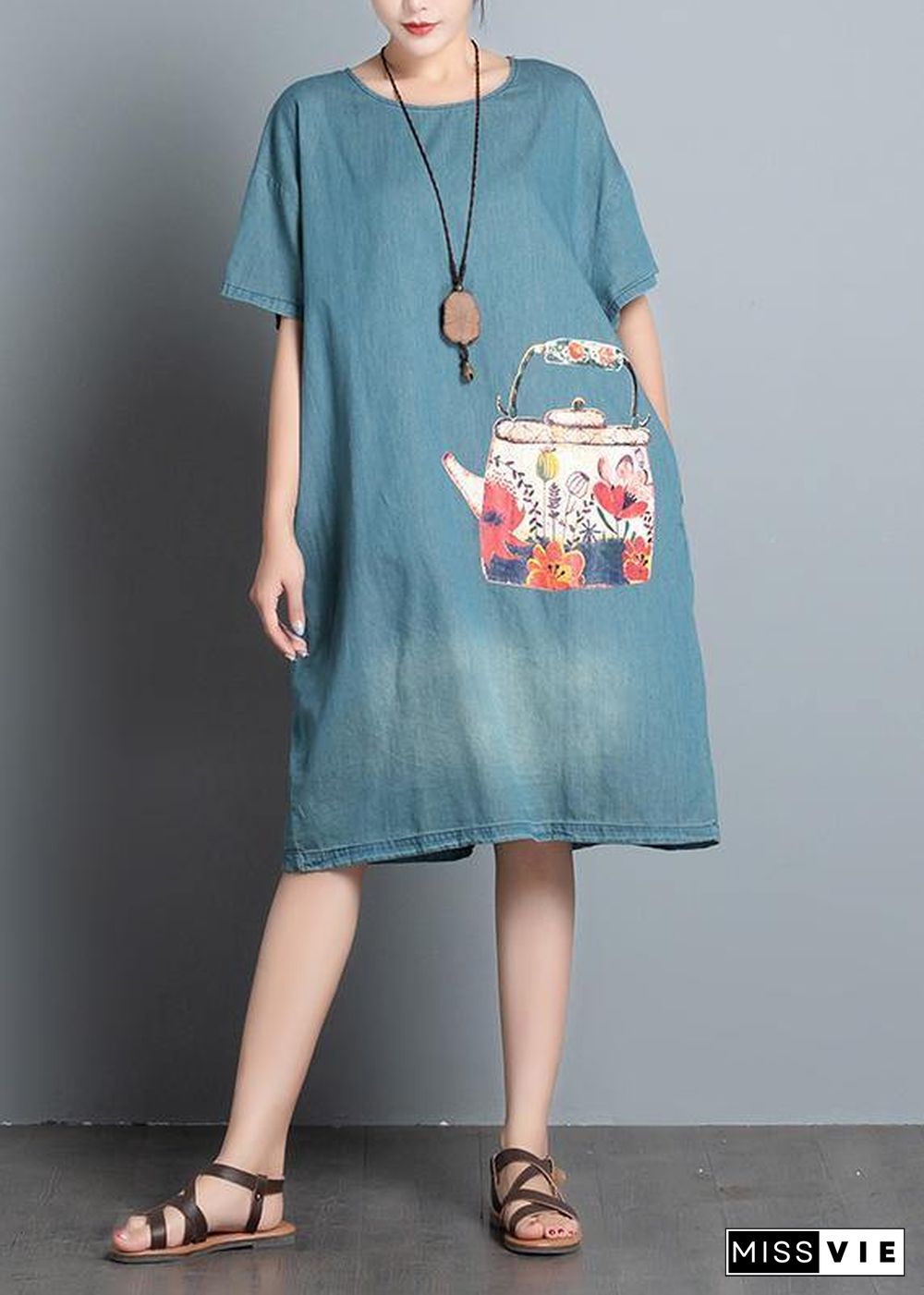 Handmade denim blue print Cotton quilting dresses o neck Art summer Dresses