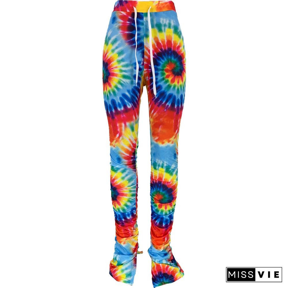 Tie Dye Skinny Lace Up Mid Waist Flare Pants