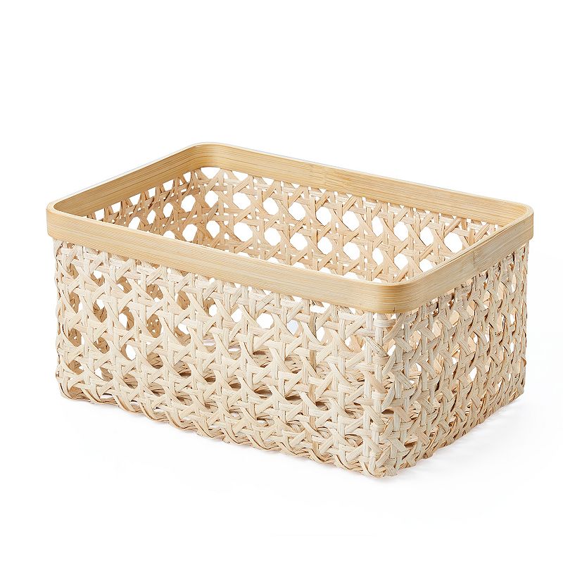 Saddle River Rectangular Natural Open Weave Cane Bamboo Rim Storage Bin 2-piece Set