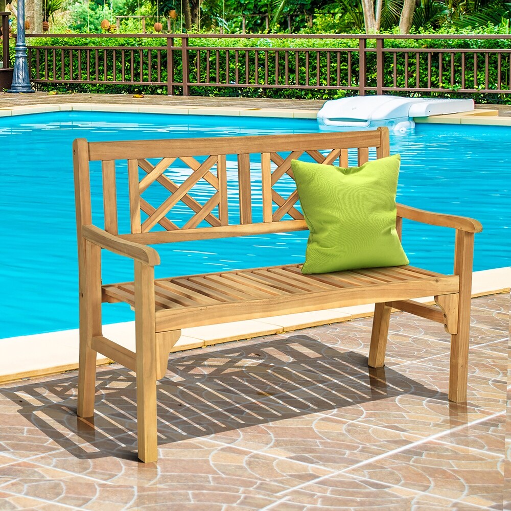 Costway Patio Outdoor Solid Wood Bench Folding Loveseat Chair Park