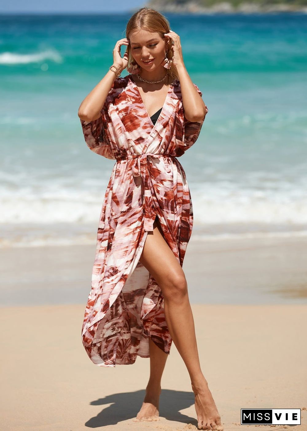 Boho Leaf Printed Beach Cardigan Loose Dress Amelia