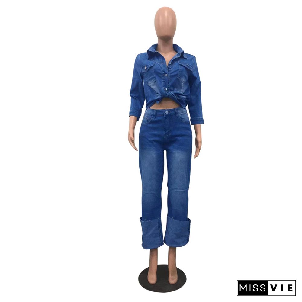 Denim Turn Down Collar Shirt Straight Jeans 2 Piece Set