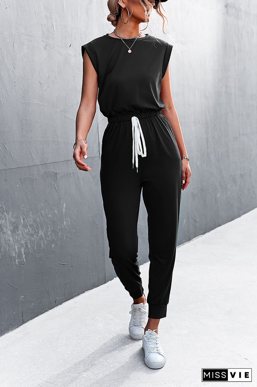 Solid Sleeveless Drawstring Waist Jumpsuit Wholesale