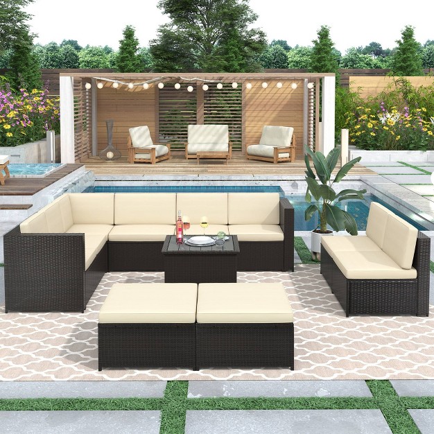 9pc Wicker Patio Sectional Seating Set With Cushions Beige Godeer