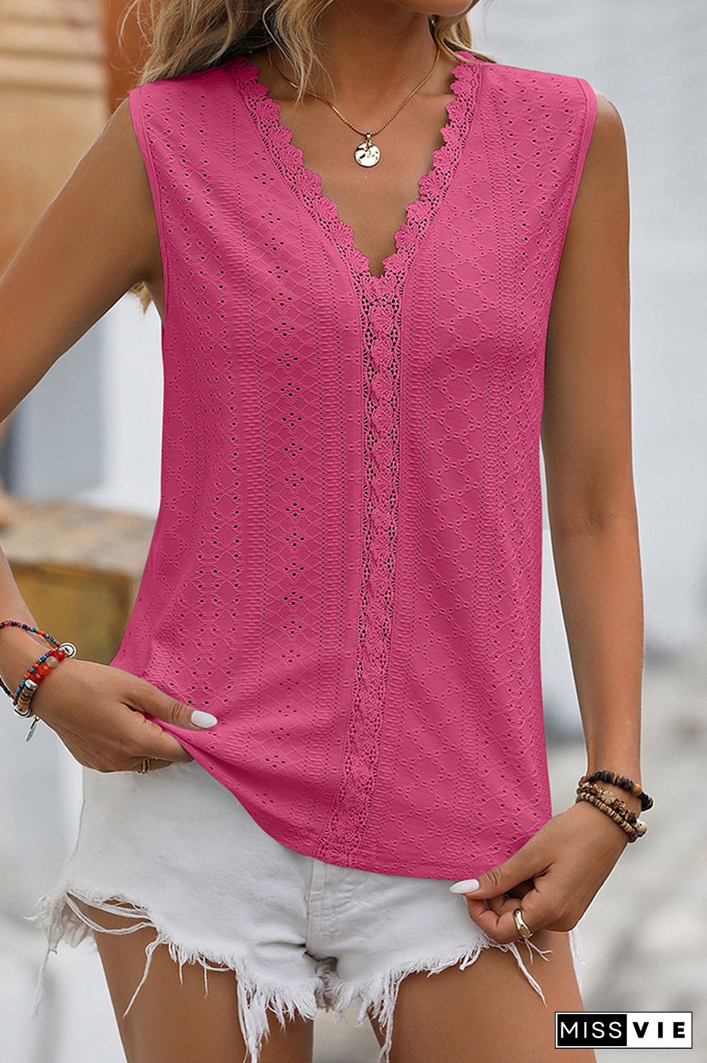 Plain V Neck Lace Edge Eyelet Pattern Tank Top