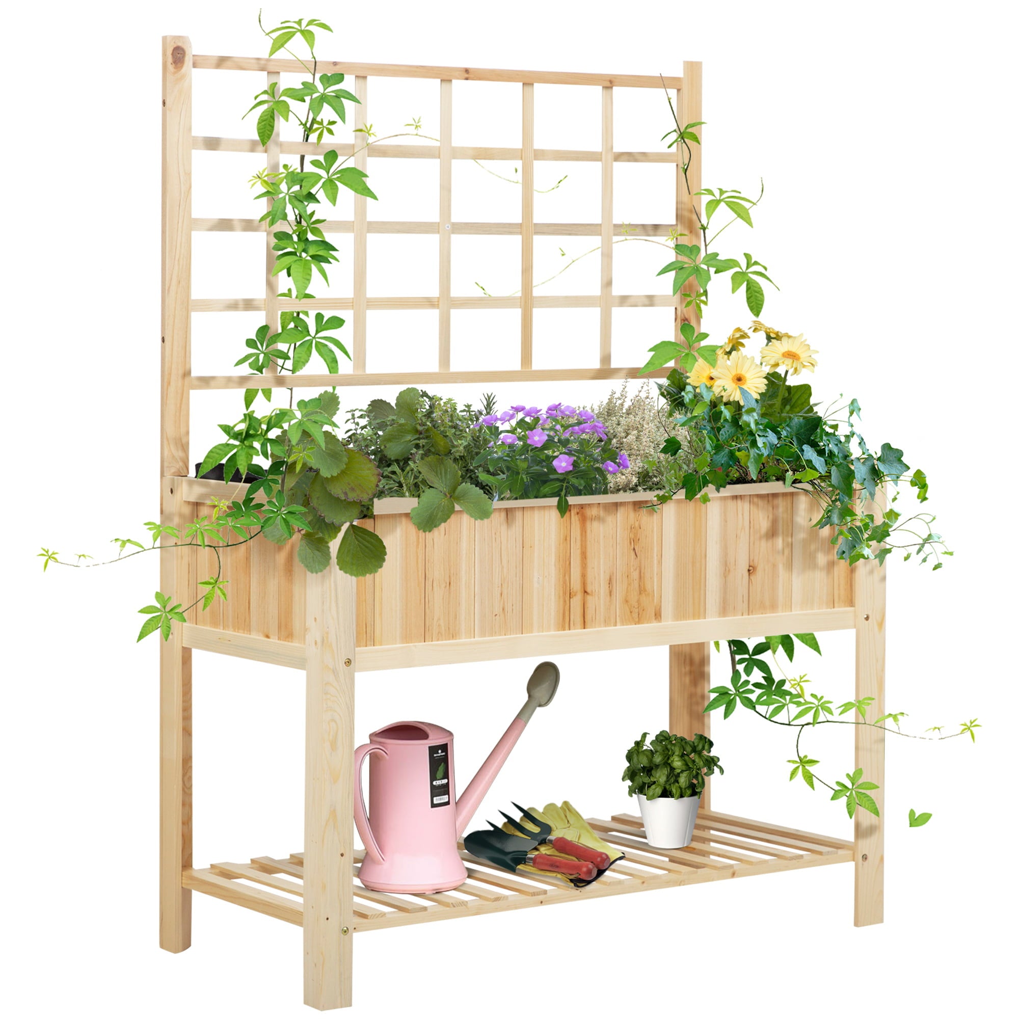 Outsunny 47" x 23" x 64" Wooden Raised Garden Planter Bed with Rear Grid Wall