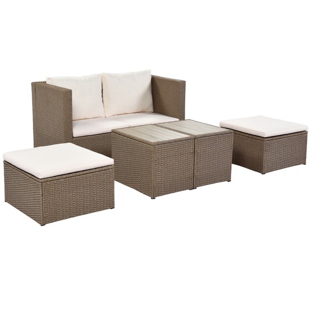 Outdoor Patio 6 piece Pe Wicker Sectional Sofa With 2 Coffee Tables Brown Wicker Beige Cushions Modernluxe