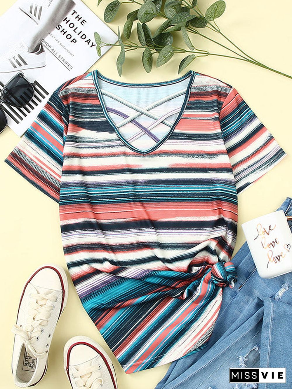 Women'S T-Shirts Striped Print Cross Front Short Sleeve T-Shirt