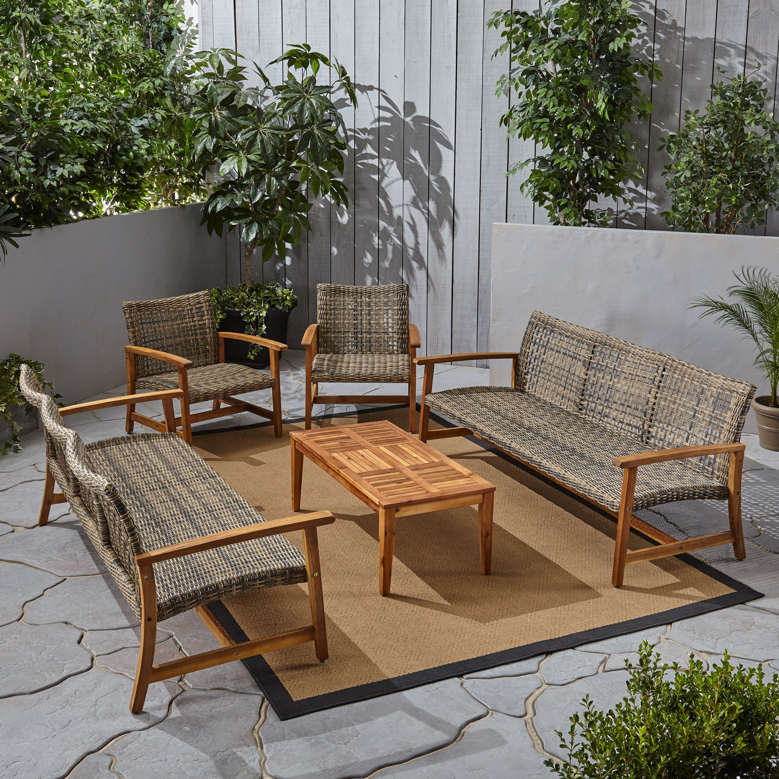 Alyssa Outdoor 5 Piece Wood and Wicker Sofa Chat Set