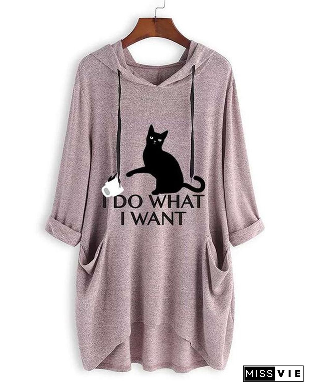 I DO WHAT I WANT Cute Cat Print Irregualr 3/4 Sleeve Plus Size Hoodie