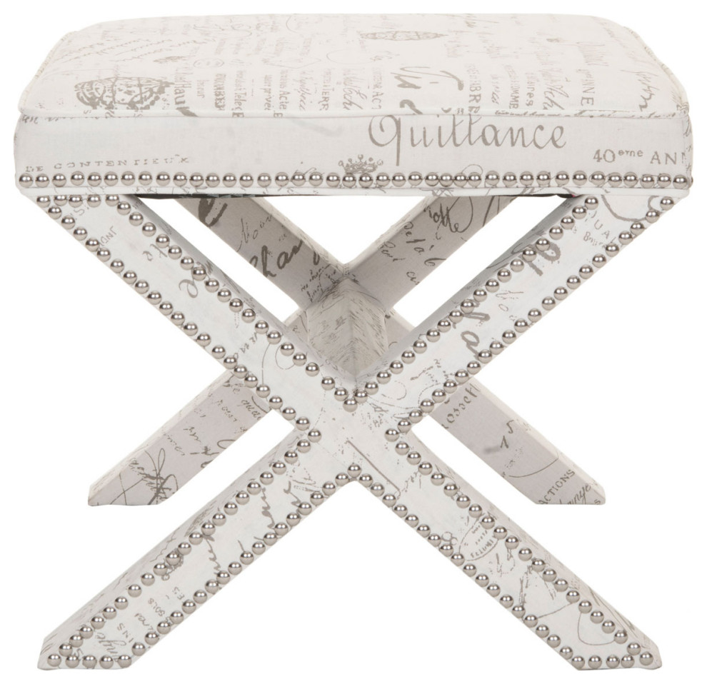 Arnold Ottoman Silver Nail Heads Eggshell with French Writing   Contemporary   Footstools And Ottomans   by Peachtree Fine Furniture  Houzz