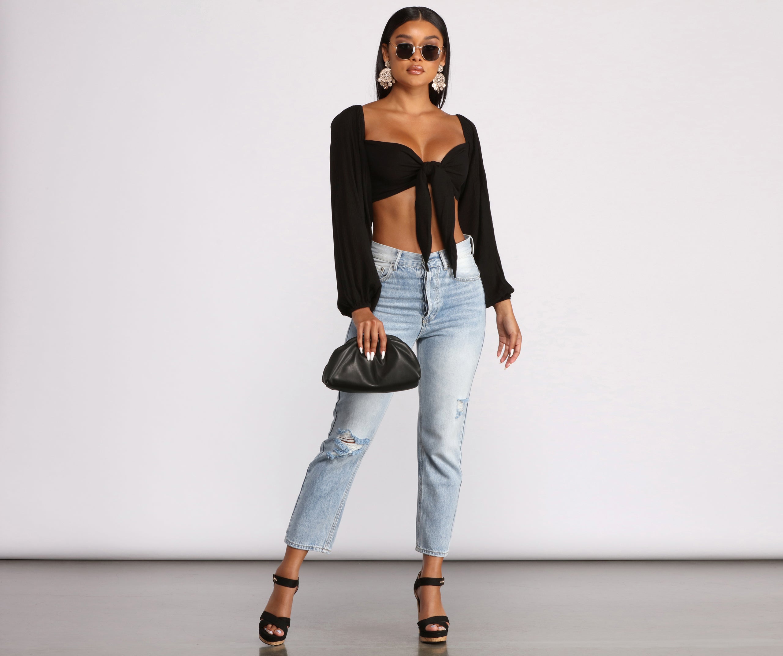 Long Sleeve Gauze Tie Front Crop Top