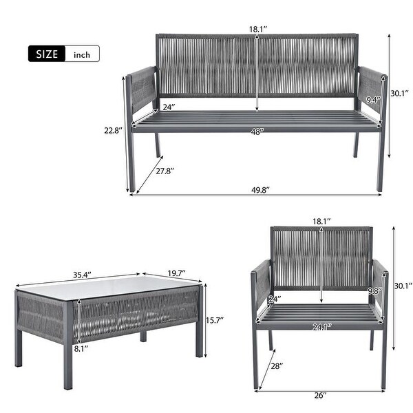 4Piece Patio Conversation Set with Tempered Glass Table，Outdoor Loveseat Chair Set with Thick Cushion for Backyard，Grey