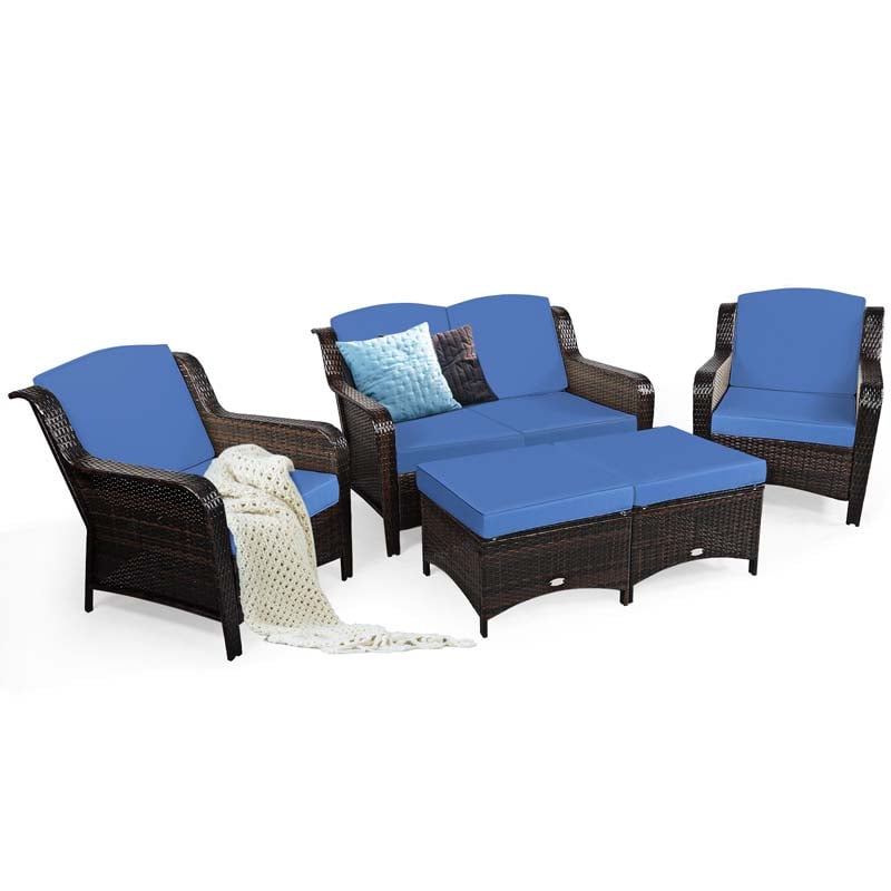 5 Pcs Rattan Wicker Patio Furniture Set with Loveseat, Single Sofas & Ottomans, Outdoor Conversation Sets