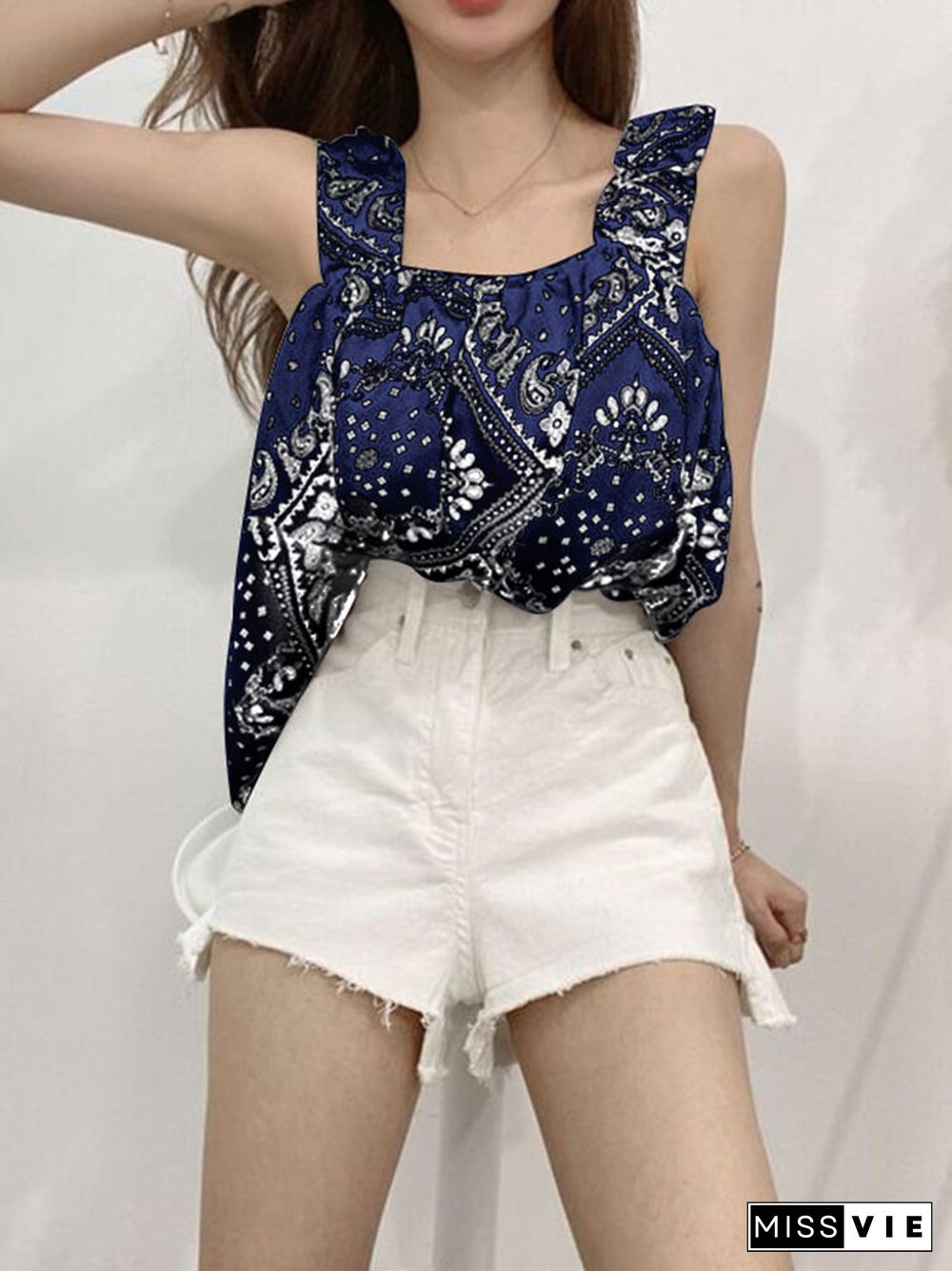 Paisley Print Sleeveless Square Collar Loose Tank Top