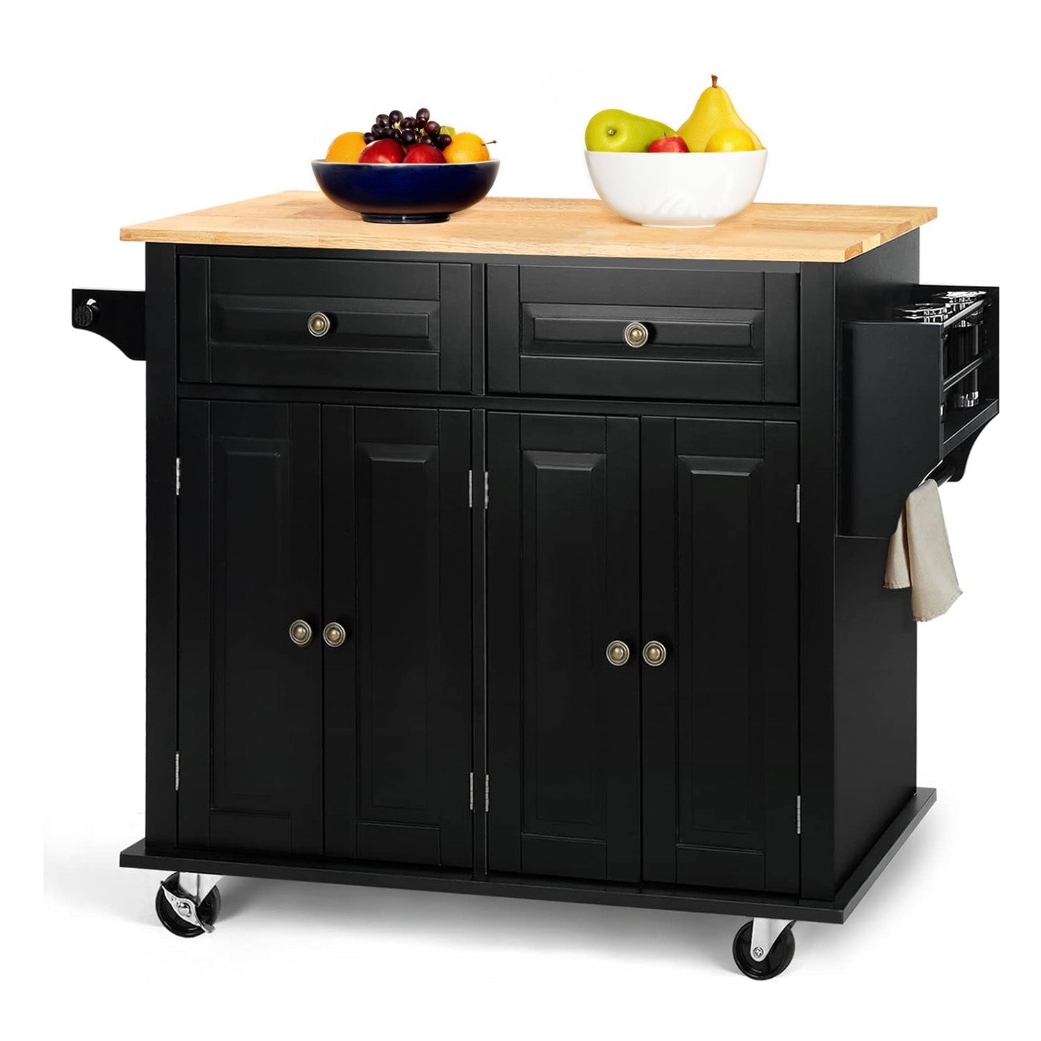 Wide Rolling Kitchen Island 43.3 Inches with Storage, Solid Wood Top and Locking Wheels