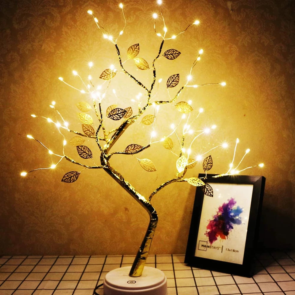 Fyeme Tabletop Bonsai Tree Light Lamp Led Desk DIY Artificial Light Table Bedside Lamp Touch Switch Adjustable Room Tree Lamp Party Home Décor, Brown