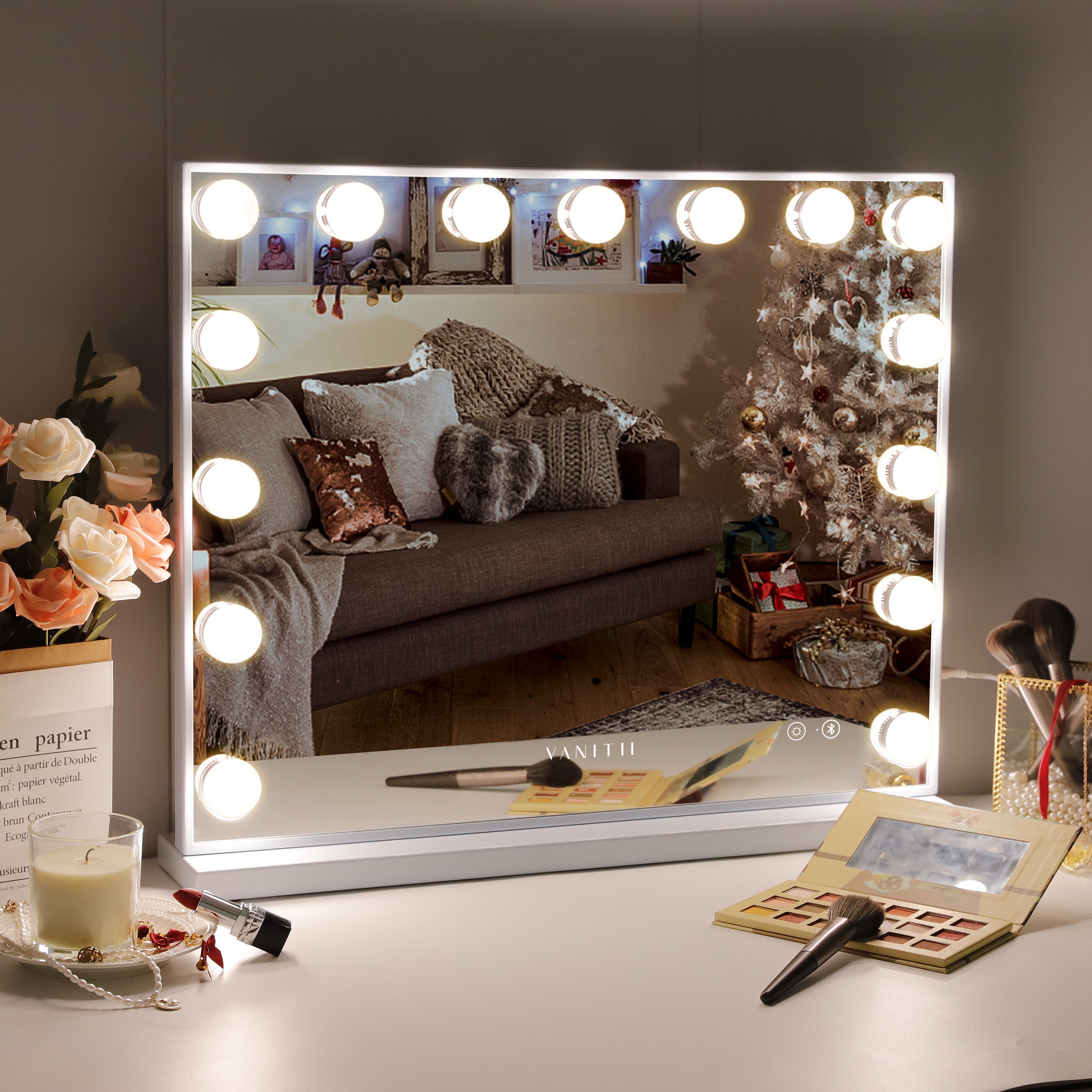 Mary Hollywood Vanity Mirror with Bluetooth XXL - 15 Dimmable LED Bulbs | VNT-5846-JMBT-WHT