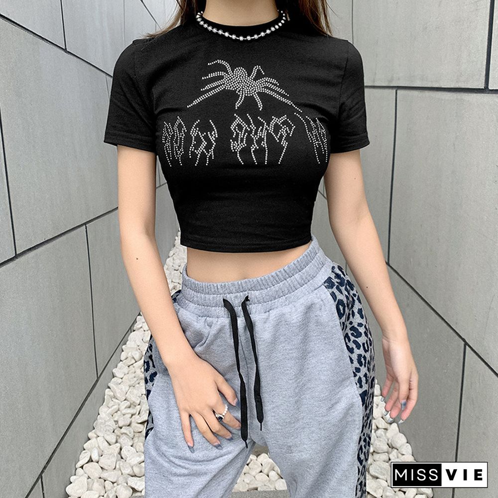 Summer Top Women Punk Vintage Rhinestone Spider Graphic Black Gothic Clothes O-Neck Short-Sleeve Crop Top Harajuku Cropped Tops