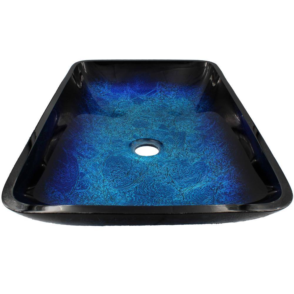 Novatto Fresca Glass Vessel Sink in Blue and Black with Pop-Up Drain in Matte Black NOHP-G19034MB