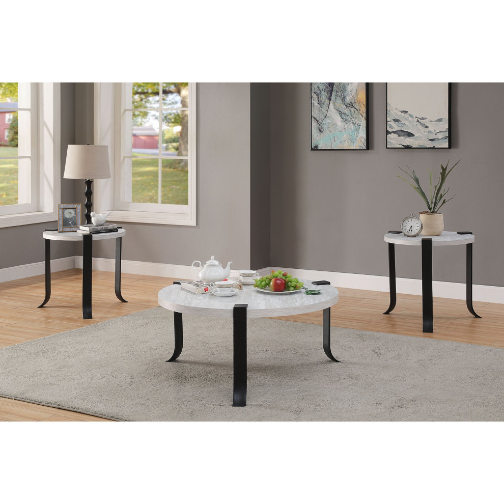 3 Pieces Coffee Table Set  Flat Metal Legs With Round Top  Black/Antique White   Industrial   Coffee Table Sets   by Declusia  Houzz