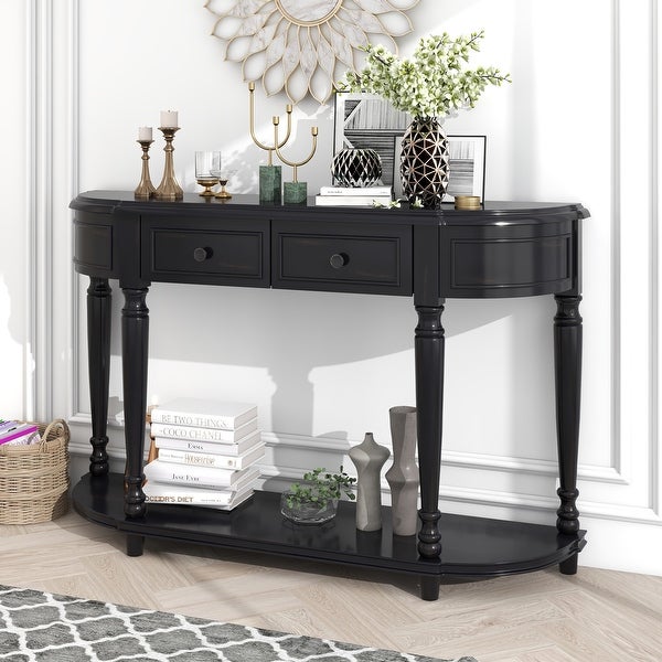 Retro Romanesque Style Curved Design Solid Wood Console Table， Entryway Table with 2 Top Drawers and Open Shelf for Living Room