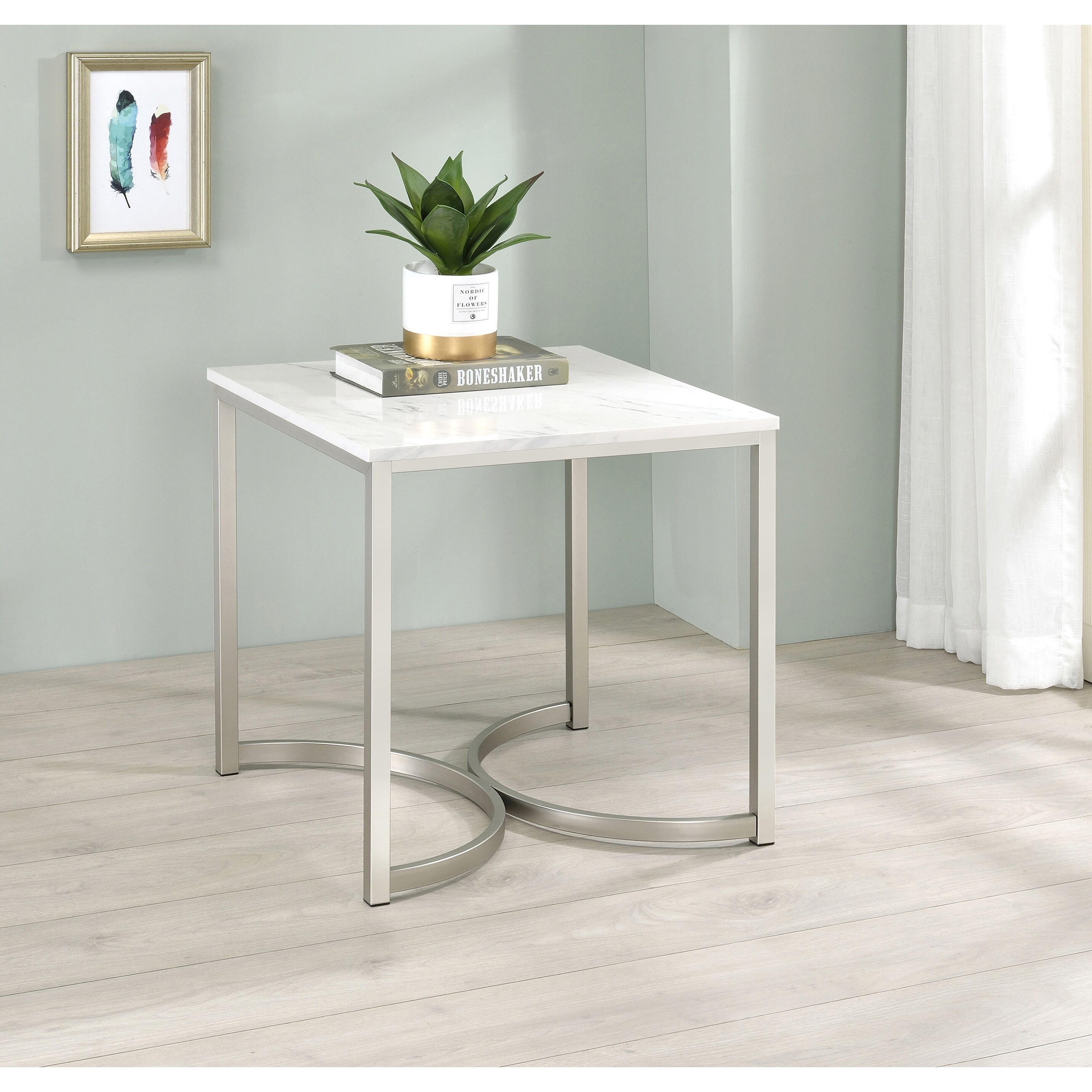 Coaster Furniture Leona White and Satin Nickel Faux Marble Square End Table