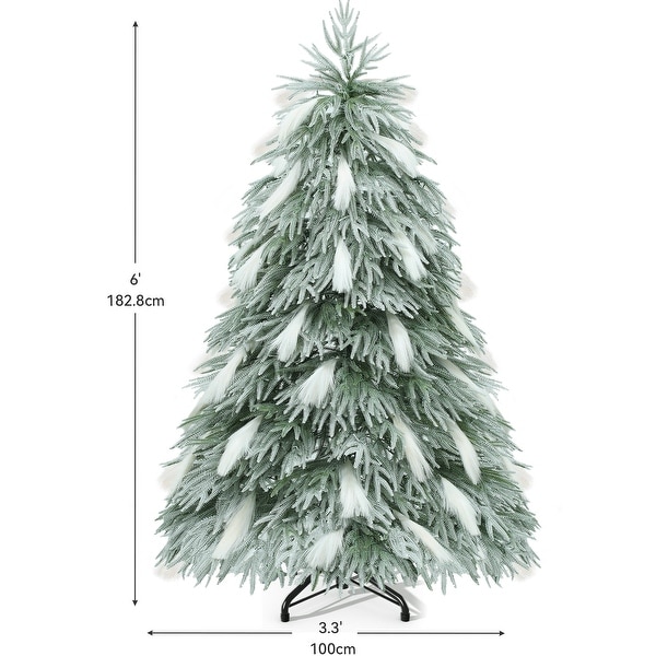 6ft PreLit SnowFlocked Pampas Christmas Tree with 355 Branch Tips，30 Feathers，and 400 Lights for Home