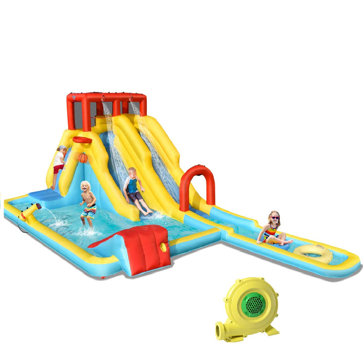 Lakecy Inflatable Water Slide, 7 in 1 Giant Water Park Double Long Slide for Outdoor Fun w/735W Blower