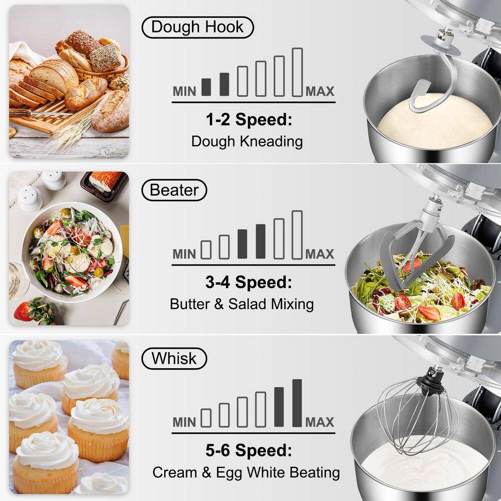 VEVOR Stand Mixer 660W Electric Dough Mixer with 6 Speeds LCD Screen Timing Food Mixer with 5.8 Qt. Stainless Steel Bowl Gray XRLLSJBJHHBDFN8Q4V1