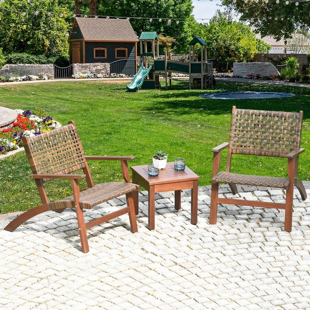 Tangkula 3 Pieces Outdoor Eucalyptus Wood Bistro Set Modern Hand woven Pe Wicker Conversation Set