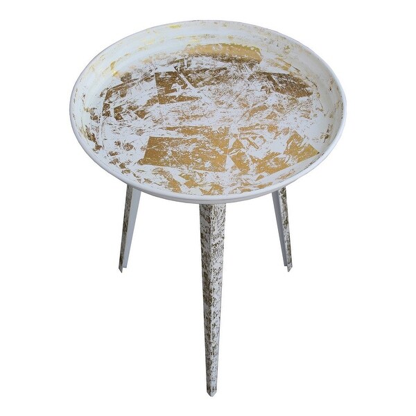 20 Inch Artisanal Industrial Round Tray Top Iron Side End Table， Tripod Base， Distressed White， Gold - 20 H x 16 W x 16 L