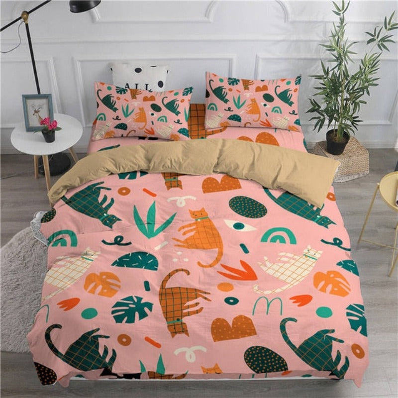 Cartoon Duvet Cover Set Cute Cats Printed 3D