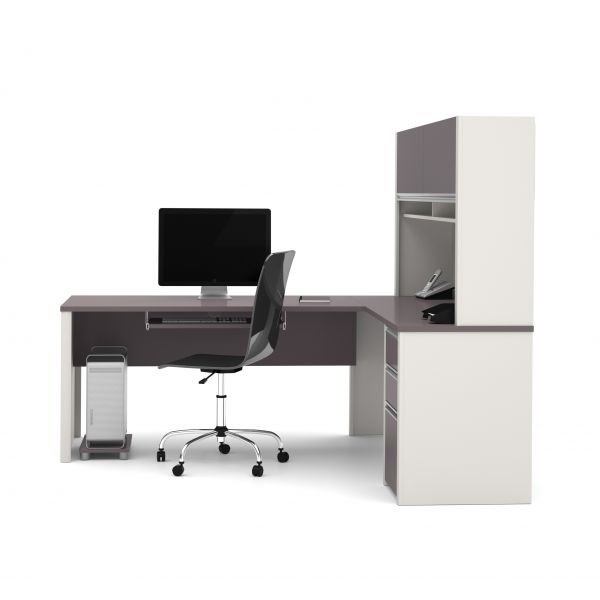 Bestar Connexion L-shaped workstation with hutch in Slate and Sandstone