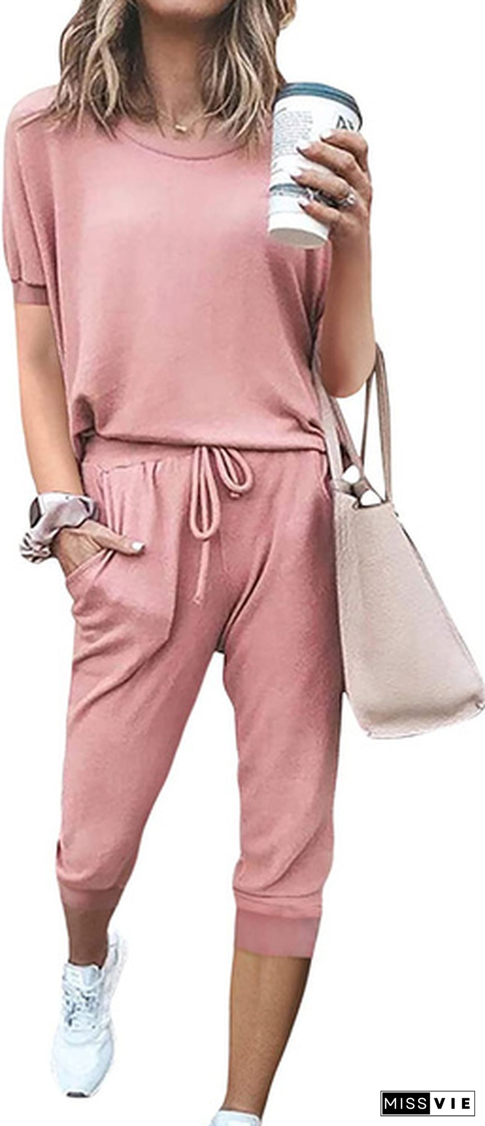 Women’S Solid Color Two Piece Outfit Short Sleeve Crewneck Pullover Tops And Drawstring Shorts Tracksuits