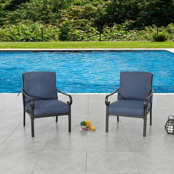 Patio Festival Outdoor Metal Chair with Blue Cushions (2Pack)