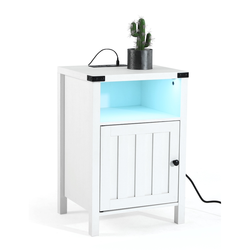 Nightstand with Charging Station And RGB Light Strip Barn Door Cabinet  Open Shelf