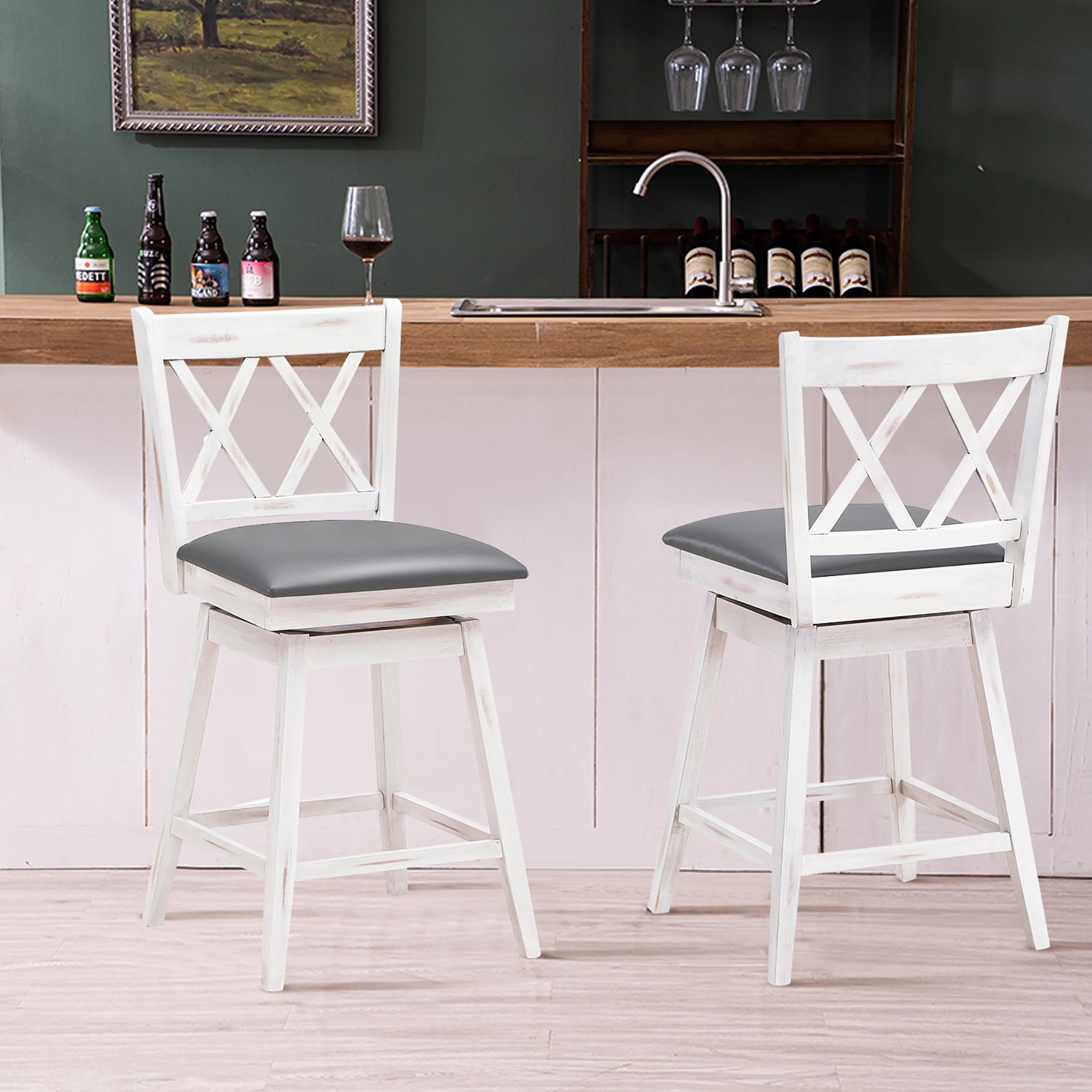 Set of 2 Bar Stools Swivel Counter Height Bar Stool with Soft Cushion