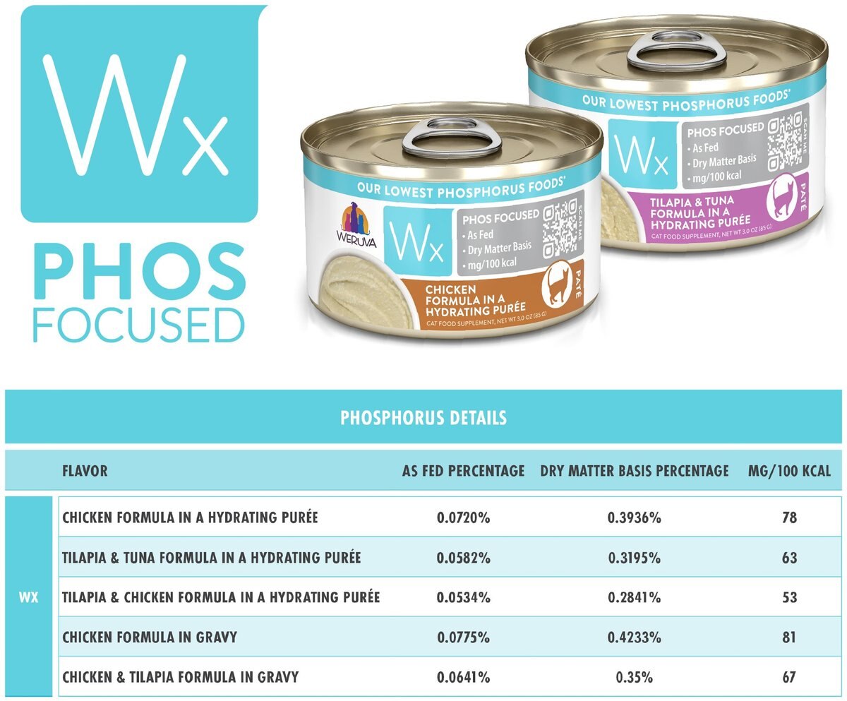 Weruva Wx Phos Focused Pate Variety Pack Grain-Free Wet Cat Food， 3-oz can， case of 12