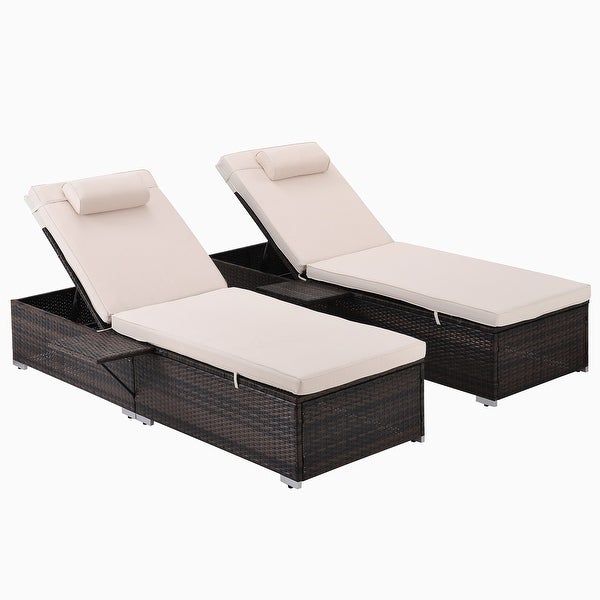 2 Piece PE Wicker Outdoor Lounge Chair， Beach Recliner Chairs with Side Table and Cushions， Set of 2