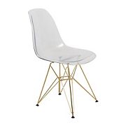 LeisureMod Cresco Molded Eiffel Side Chair with Gold Base - Clear