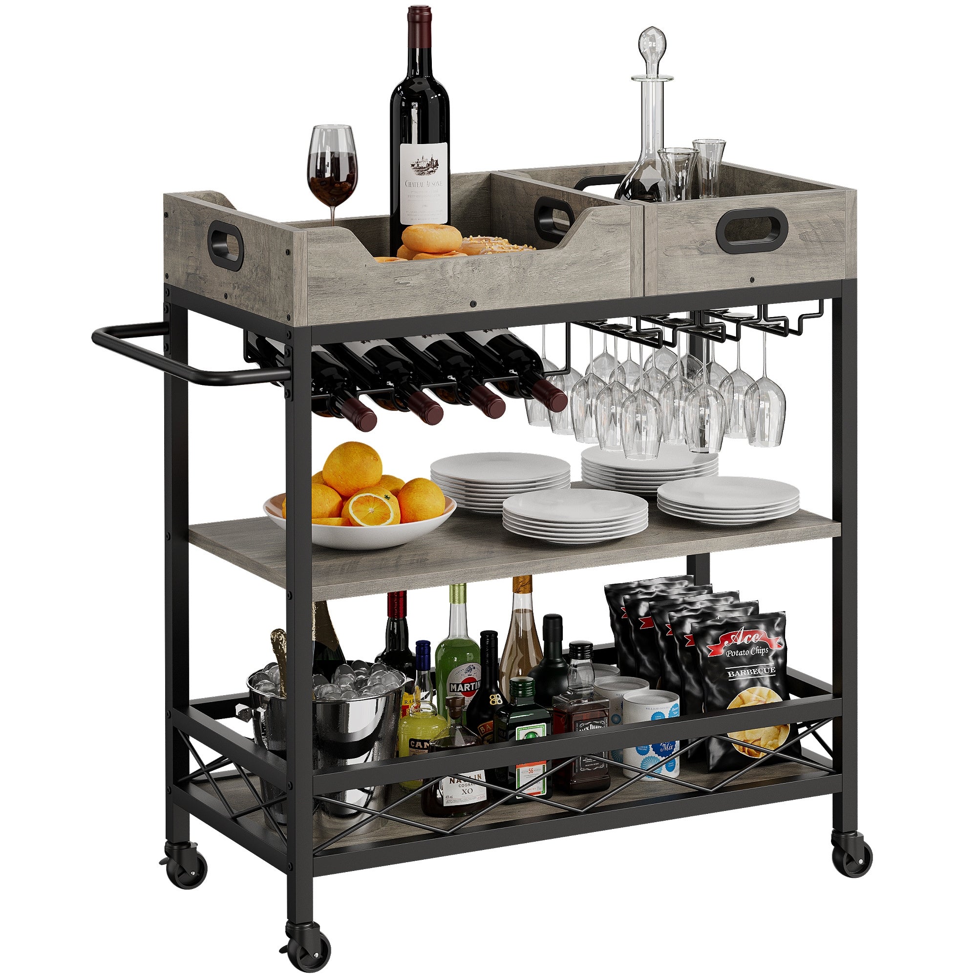 Bar Cart， 3 Tier Bar Carts for The Home，Grey Bar Cart with Wheels， Two Portable Trays， Wine Rack， Glasses Holder