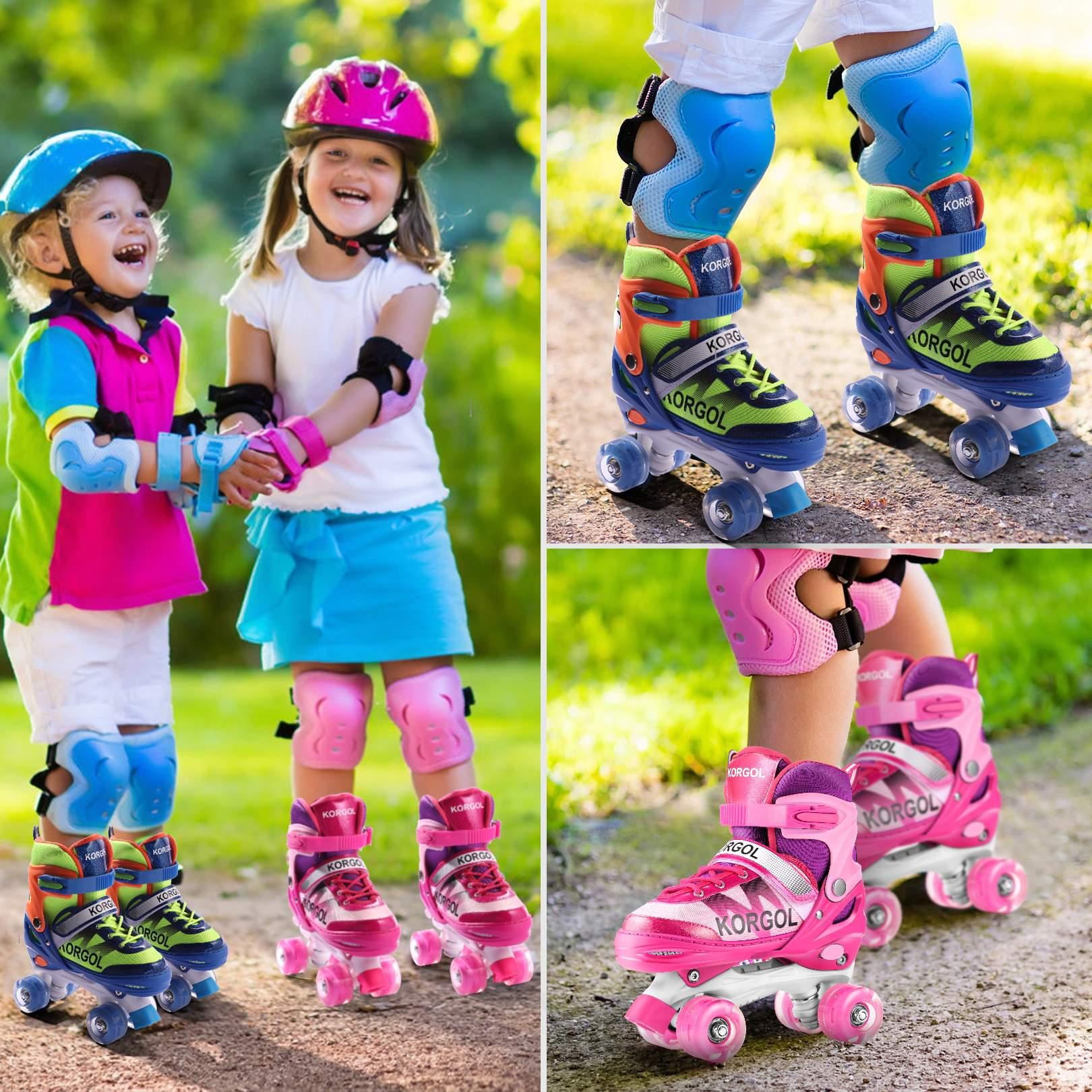 KORGOL Blue Adjustable Roller Skates with Illuminating Wheels， for Kids Boys Girls