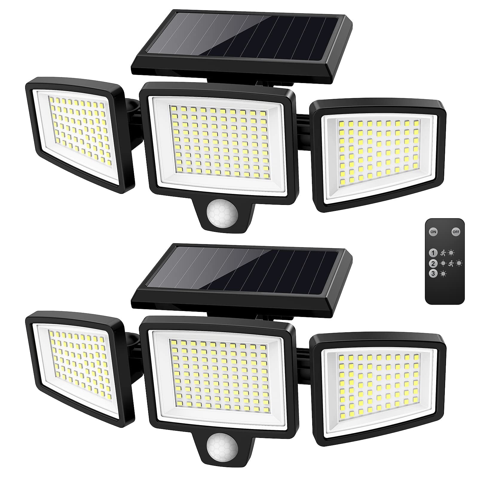 Solar Outdoor Lights 2500LM 210 LED Security Lights with Remote Control，3 Heads Motion Sensor Lights， IP65 Waterproof，270° Wide Angle Flood Wall Lights with 3 Modes(2 Packs)