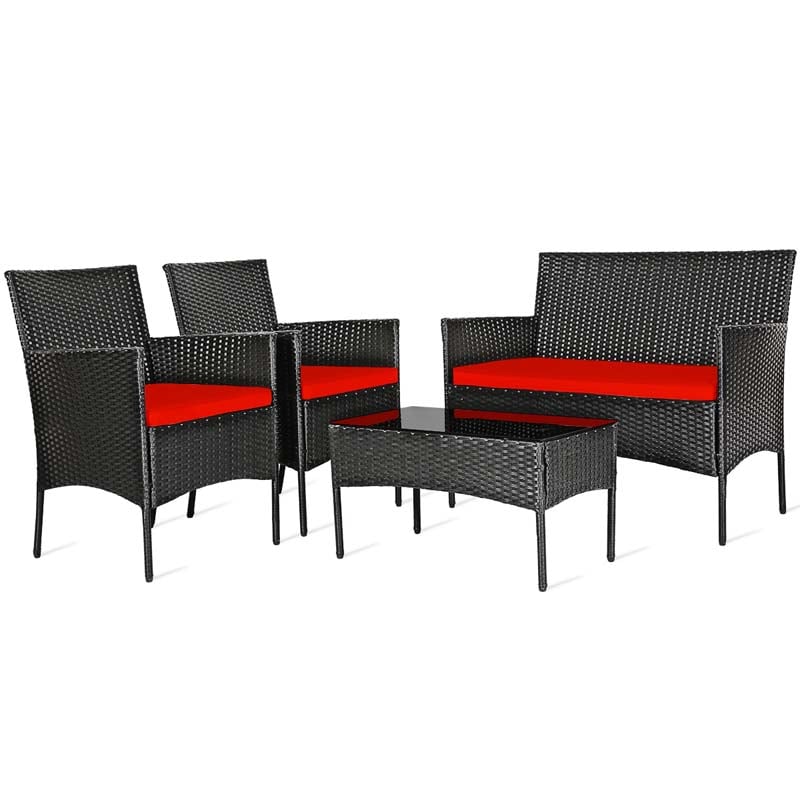 4 Pcs Rattan Patio Conversation Furniture Set Wicker Outdoor Sofa Set with Cushions & Coffee Table